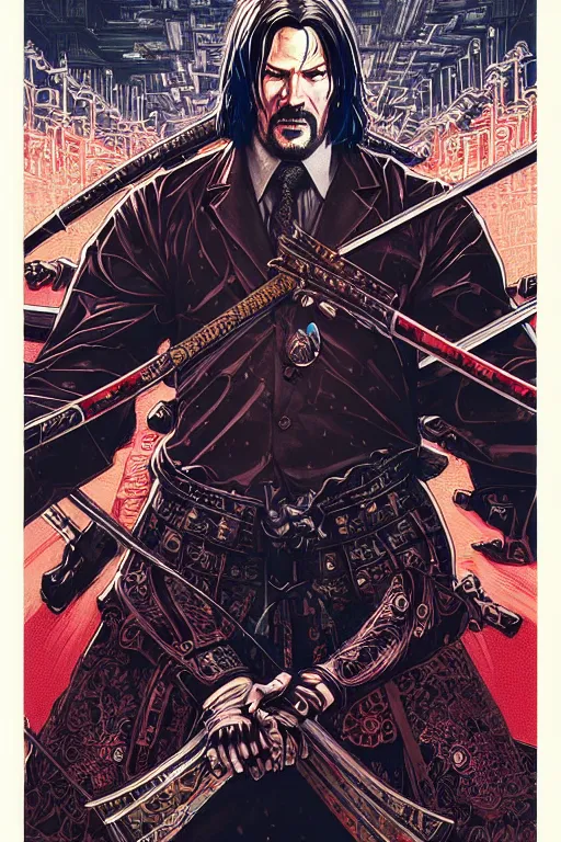 Image similar to poster of john wick as a samurai, by yoichi hatakenaka, masamune shirow, josan gonzales and dan mumford, ayami kojima, takato yamamoto, barclay shaw, karol bak, yukito kishiro, highly detailed