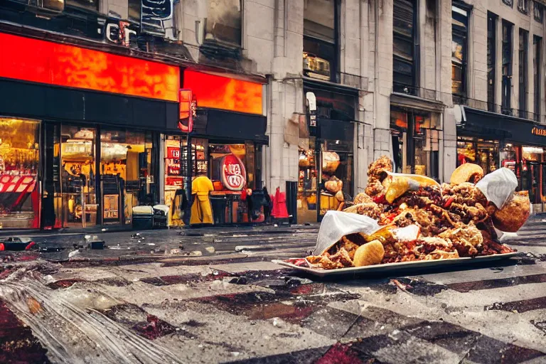 Image similar to commercial photography cinematic wide shot of fastfood falling down on the streets of new york, it's raining food