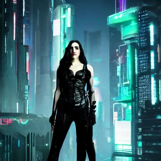 Image similar to Katie McGrath as Cyberpunk Morgana