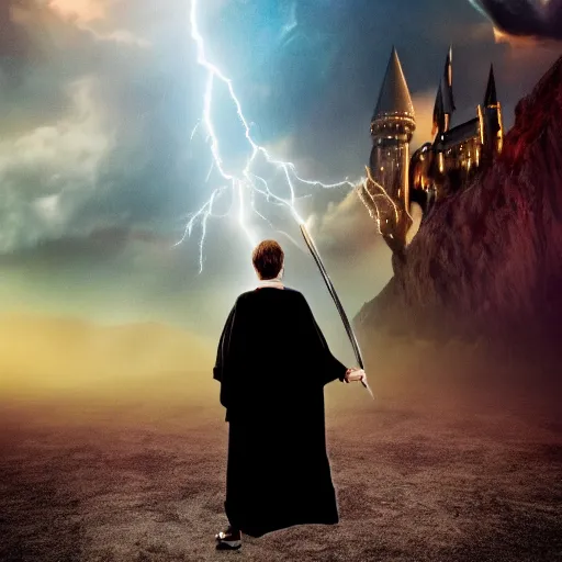 Image similar to Harry potter levitating, holding wand, colorful magic, back view, thunderclouds, cinematic shot, wide shot, epic scale, waving robe movement, photorealistic detail and quality, intricate ground stone, movie still, nighttime, crescent moon, sharp and clear, action shot, intense scene, visually coherent, symmetry, rule of thirds, movement, vivid colors, cool colors transitioning to warm colors, award winning, directed by Steven Spielberg, Christopher Nolan, Tooth Wu, Asher Duran, Greg Rutkowski