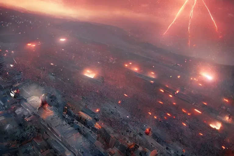 Image similar to meteors fall from the red sky down to a crumbling football stadium, crowds panic, cinematic lighting by jessica rossier, realistic, highly - detailed, 8 k, photorealistic, hyper detailed, unreal engine 5, imax quality, cinematic, epic lighting, football live, live sports