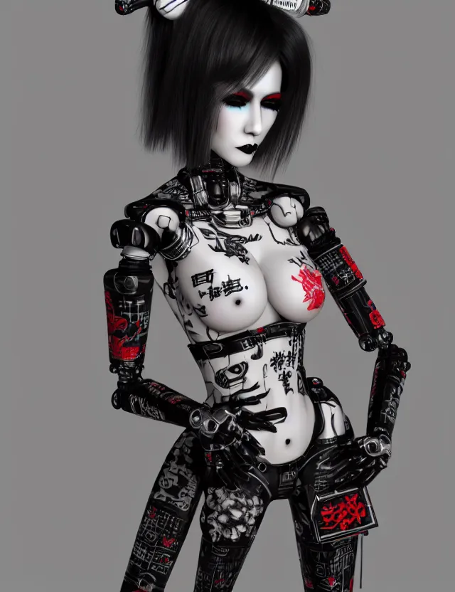 Image similar to full body portrait of a gothic style punk geisha robot with kanji tattoos and decals wearing a digital pixelated kimono, intricate design, photo - realistic, octane render, dark colour palette, ultra fine detailed, character design, trending on artstation