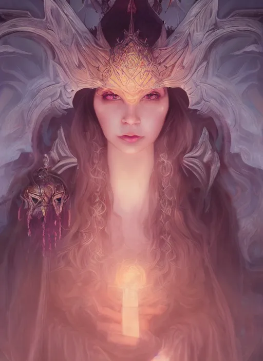 Image similar to breathtaking detailed painting of evil fantasy sorceress, dark castle setting, with anxious, piercing eyes, Atari game cover art by Hsiao-Ron Cheng, James jean, Miho Hirano, Hayao Miyazaki, extremely moody lighting, hyperrealistic, octane render, RPG portrait, ambient light, dynamic lighting