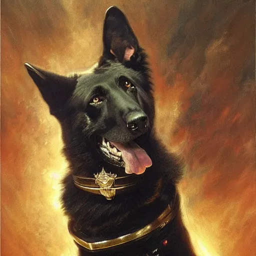 Image similar to a portrait of a manly and muscular black german shepherd dogman canine, star trek the next generation. highly detailed painting by gaston bussiere, craig mullins, j. c. leyendecker, furry