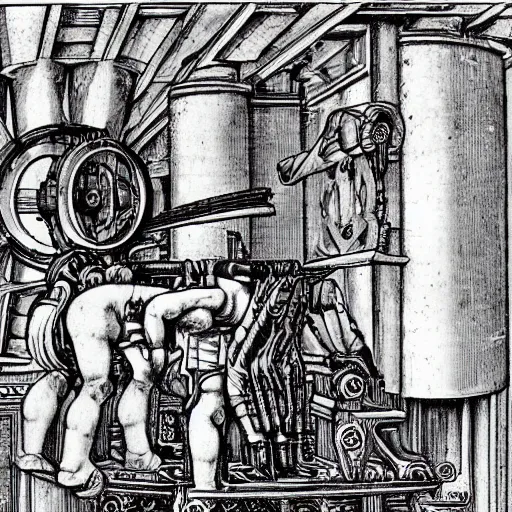 Image similar to really weird obnoxious complex machinery, in renaissance style, da vinci drawing style