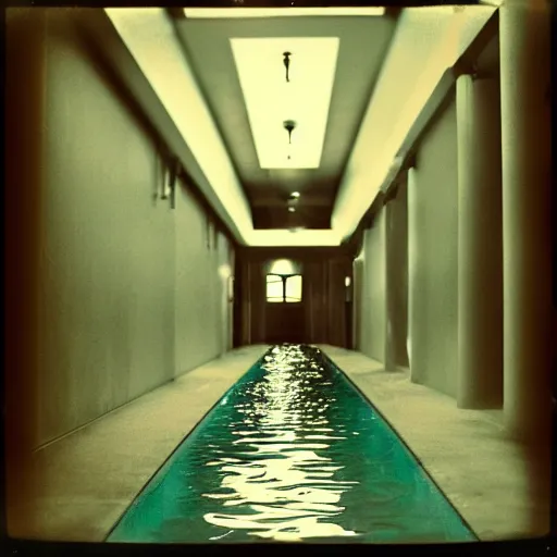 Prompt: a flooded hotel hallway leading to an indoor pool, polaroid, liminal space, surreal,