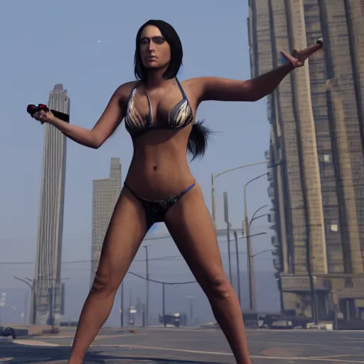 Image similar to hyperrealistic mixed media image of info wars alex jones wearing a bikini and wielding a handgun in gta v, stunning 3 d render inspired art by xiang duan and thomas eakes and greg rutkowski, perfect facial symmetry, hyper realistic texture, realistic, highly detailed attributes and atmosphere, dim volumetric cinematic lighting, 8 k octane detailed render, post - processing, masterpiece,