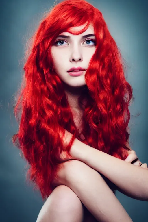 Prompt: a cinematic headshot portrait of a young woman with messy vibrant ariel red hair, go shopping, mall, shopping center, ultra realistic, depth, beautiful lighting