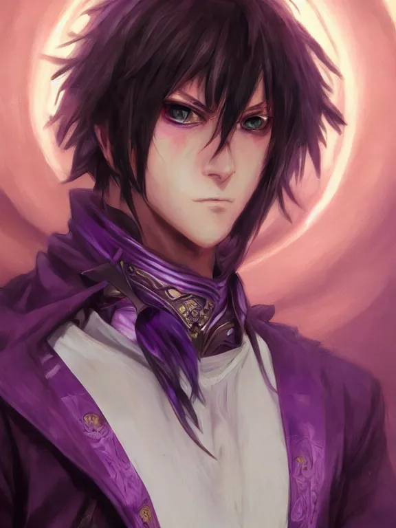 Image similar to manly eccentric lelouch lamperouge, purple eyes, hyper detailed, digital art, trending in artstation, cinematic lighting, studio quality, smooth render, unreal engine 5 rendered, octane rendered, concept art, smooth, sharp focus, illustration, art by artgerm and greg rutkowski and alphonse mucha and ian sprigger and wlop