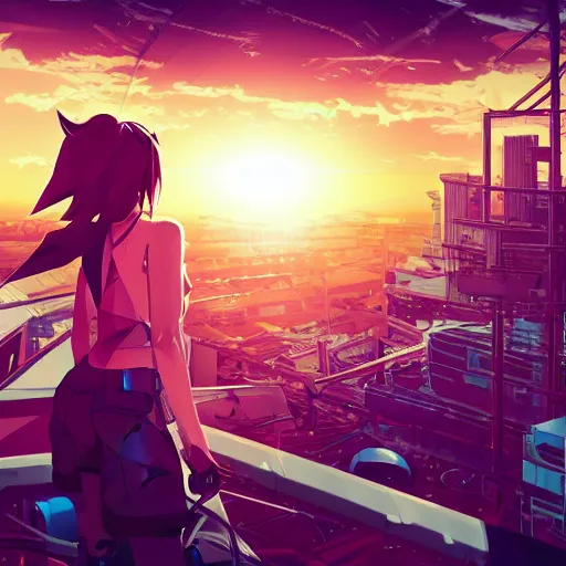 Prompt: android mechanical cyborg anime girl overlooking overcrowded urban dystopia. long flowing soft hair. scaffolding. pastel pink clouds baby blue sky. gigantic future city. raining. makoto shinkai. wide angle. distant shot. polygonal. High contrast. Heavy highlights. sunset. purple sunset. perfectly circular sun.