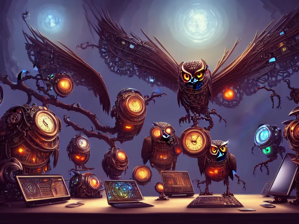 Image similar to an giant evil, malevolent, cyborg owls looking at a computer, surrounded by computer screens. steampunk, intricate, elegant, fantasy, highly detailed, digital painting, concept art, sharp focus, illustration, beautiful lighting, epic light, artstation, colorful, dramatic