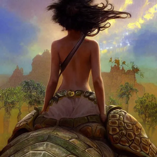 Image similar to a little warrior girl sitting on top of a giant turtle that is walking in the desert, seen from a distance. the girl is fully visible and has dark skin and beautiful green eyes, realistic full body and a very beautiful detailed face with long black hair. diffuse light, dramatic sky and landscape, fantasy illustration by mucha h 7 6 8