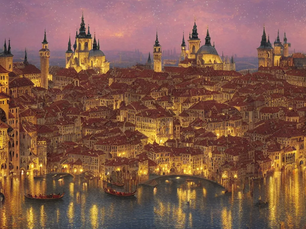 Prompt: a view of an ancient medieval castle city resembling prague castle and venice at night with a sky full of stars, intricate, elegant, highly detailed, digital painting, artstation, concept art, smooth, sharp focus, colored illustration for tattoo, art by thomas kincade and alphonse mucha,