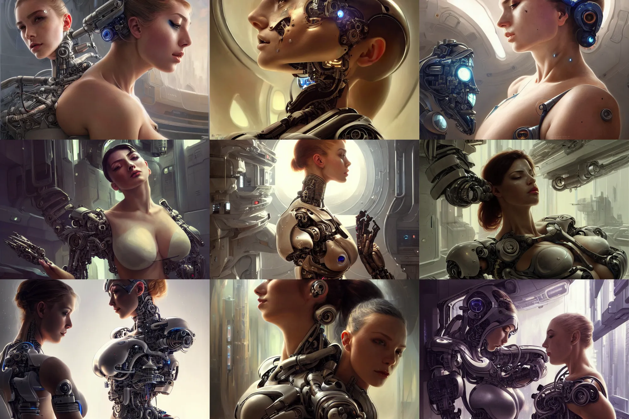 Prompt: Ultra realistic illustration, incredibly beautiful damaged female cyborg being repaired in a futuristic super advanced military medical bay, beautiful face, voluptuous body, cyberpunk, sci-fi, fantasy, intricate, elegant, highly detailed, digital painting, artstation, concept art, smooth, sharp focus, illustration, art by artgerm and greg rutkowski and alphonse mucha