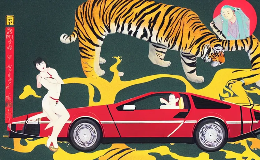 Image similar to a red delorean and a yellow tiger, painting by hsiao - ron cheng & utagawa kunisada, magazine collage style,