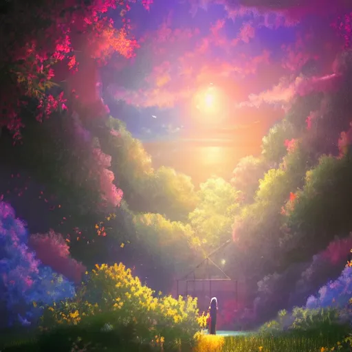 Image similar to a heavenly dream view from the interior of my cozy dream world filled with color from a Makoto Shinkai oil on canvas inspired pixiv dreamy scenery art majestic fantasy scenery fantasy pixiv scenery art inspired by magical fantasy exterior illumination of awe and wonderful magical lantern world