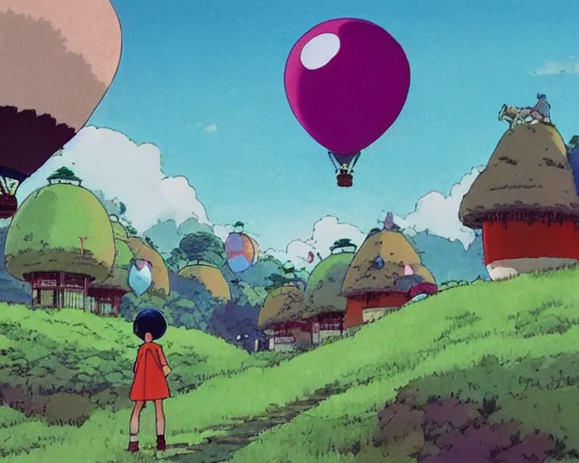 Image similar to mountain overseeing clown village next to a balloon forest, studio ghibli style, hayao miyazaki