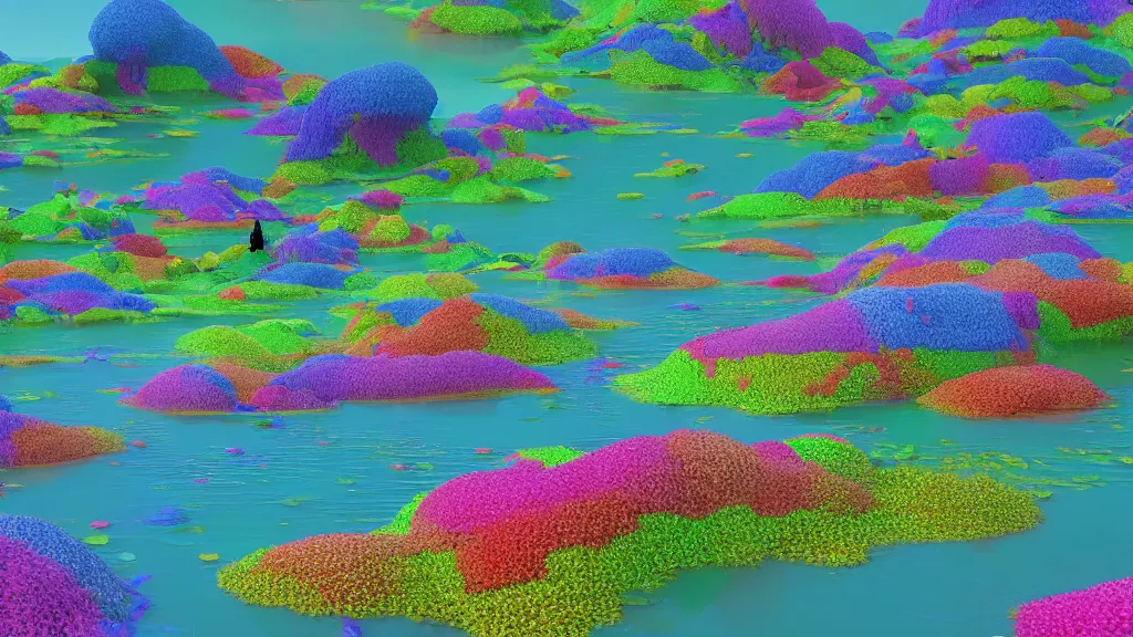 Image similar to digital illustration of a lake full of multi - colored megaflora nigella flowers by dr. seuss, reimagined by ilm and beeple : 1 | spectral color, electric color, rolling hills : 0. 9 | fantasy : 0. 9 | unreal engine, deviantart, artstation, hd, 8 k resolution : 0. 8