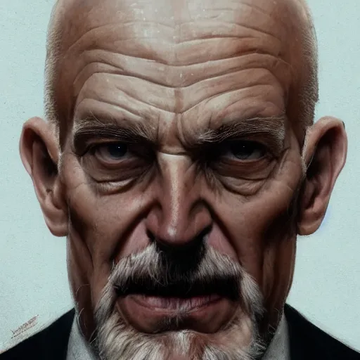 Image similar to close-up, symmetrical, portrait of an old man, hairstyle bald, wearing a suit, marvel art, art by greg rutkowski, matte painting, trending on artstation