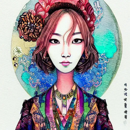 Prompt: korean women's fashion machine witch, intricate watercolor solarpunk portrait by tim doyle
