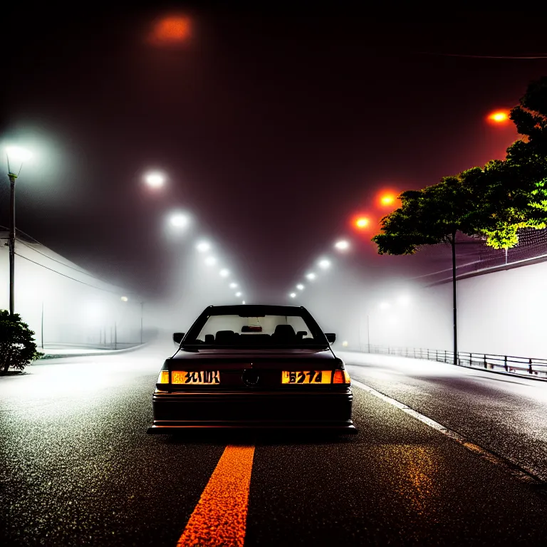 Image similar to close-up-photo JZX90 twin turbo drift middle of empty street, misty kanagawa prefecture, night, cinematic color, photorealistic, highly detailed,