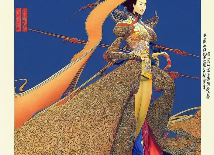 Prompt: powerful chinese empress, full body, high fashion, futurism, aerodynamic, feminine, oriental, intricate, slick, highly detailed, digital painting, vogue, concept art, smooth, sharp focus, hd, art by jean giraud and moebius and annie leibovitz