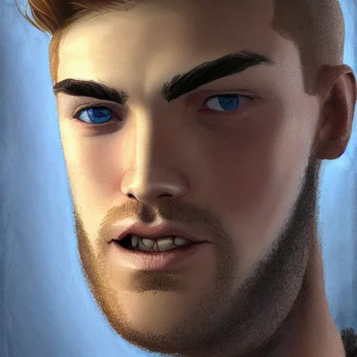 Image similar to tall chunky man in his twenties with brown blond short regular haircut and round facial structure with cleft chin, straight eyebrows, big grey blue eyes, grinning, slightly set back jaw, cheekbones, straight nose, wider face, shadow of beard, atmospheric lighting, painted, intricate, 4 k, highly detailed by charlie bowater