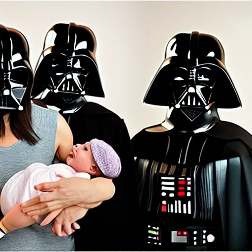 Prompt: a picture of Darth Vader holding a baby in a family portrait with wife and kids, photoshoot, studio lighting. Realistic, professional photography