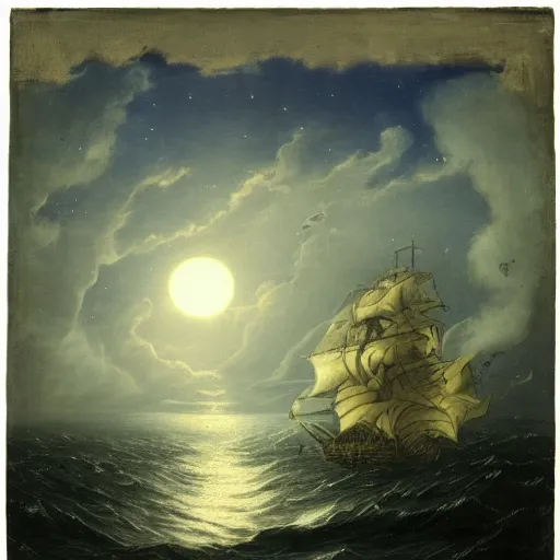 Image similar to moonlit ocean, stars in sky, leviathan attacking pirate ship flying in the sky by peter balke