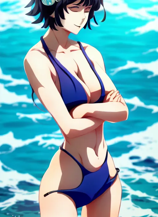 Image similar to full body illustraion of jugoku no fubuki as a handsome woman, wearing two - piece swimsuit, ilya kuvshinov, anime, deroo, pixiv top monthly, trending on artstation, cinematic, danbooru, zerochan art, kyoto animation