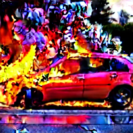 Image similar to front view red car on fire, in the street