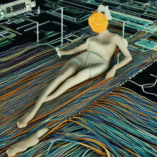 Prompt: tapping in to something greater, piles of modular synth cables, goddess laying down wearing a headpiece made of circuit boards balenziaga, wlop, stanley kubrick, masamune, hideki anno, unique perspective, trending on artstation, 3 d render, smooth render