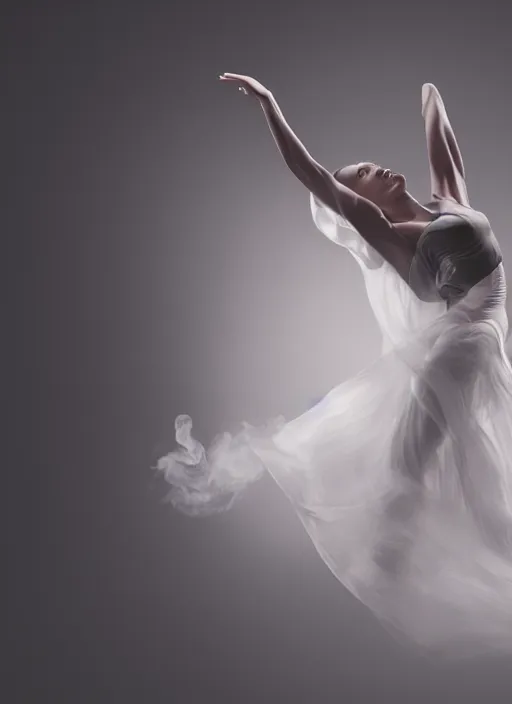 Image similar to a Photorealistic dramatic hyperrealistic render of a glamorous beautiful Female smoke dancer by Ken Brower and Deborah Ory of NYC Dance project,Lois Greenfield,Flowing cloth and smoke,Beautiful dynamic dramatic dark moody lighting,volumetric,shadows,cinematic atmosphere,Octane render,8K