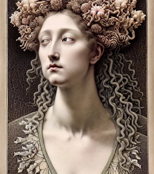 Image similar to beautiful young flower queen detailed realistic porcelain face portrait by jean delville, gustave dore, iris van herpen and marco mazzoni, art forms of nature by ernst haeckel, art nouveau, symbolist, visionary, gothic, neo - gothic, pre - raphaelite, fractal lace, intricate alien botanicals, surreality, hyperdetailed ultrasharp octane render