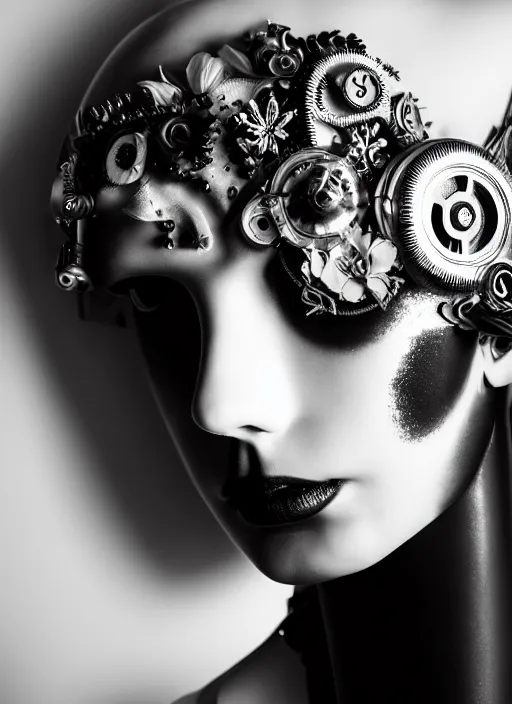 Image similar to black and white dreamy foggy poetic smoky profile face portrait, one silver steampunk realistic eye biomechanical beautiful angelic young female cyborg - robot bust, body ribs meshes,, volumetric light, hibiscus flowers, by cecile beaton, rim light, big gothic fashion pearl embroidered collar, 8 k