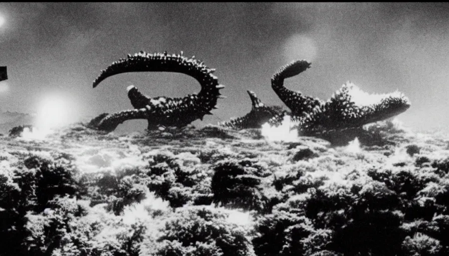 Image similar to a film still of a north korean monster movie, kaiju - eiga monster starfish - like over traditional korean palace, film noir, video compression, ripple effect