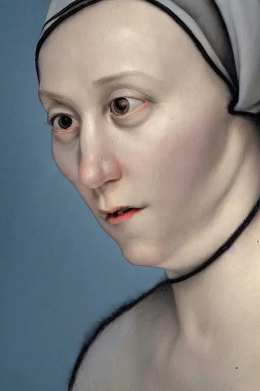 Prompt: hyperrealism close-up portrait of young nun, rotten skin blue skin, hyper detailed silver crown, black background, in style of classicism
