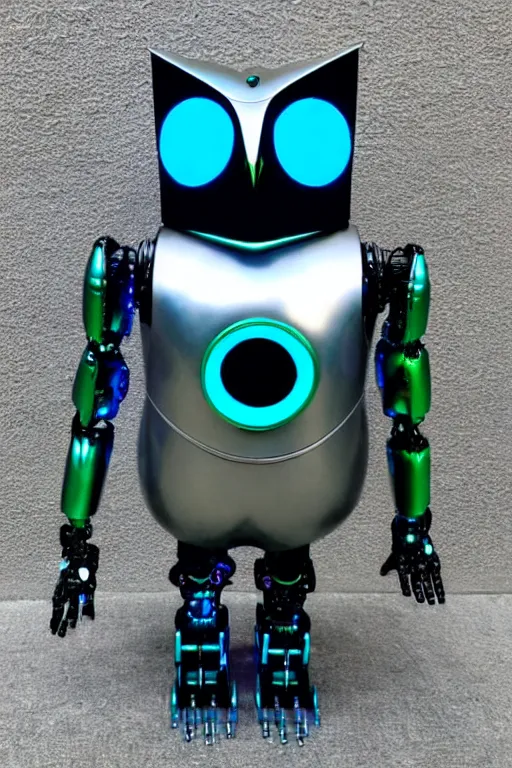 Image similar to picture of an robotic owl, cyberpunk style, she is made from stainless steel and leather, her colors colors are metallic blue and metallic green