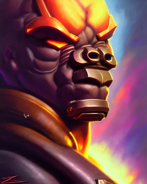 Image similar to doomfist from overwatch, elegant, confident, smug, ripped, buff, strong, colorful, fantasy, fantasy art, character portrait, portrait, close up, highly detailed, intricate detail, amazing detail, sharp focus, vintage fantasy art, vintage sci - fi art, radiant light, caustics, by boris vallejo