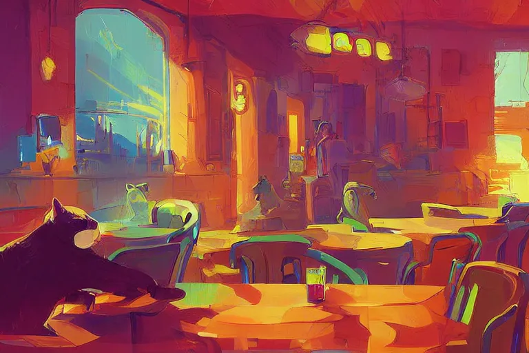 Image similar to a digital art of a cat sits on a chair in a bar in the afternoon, the sun shines in, animal, light effect, highly detailed, by anton fadeev