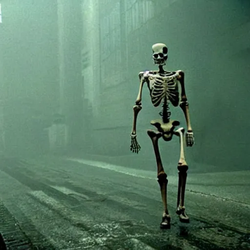 Prompt: a skeleton walking in a cemetery. still from blade runner.