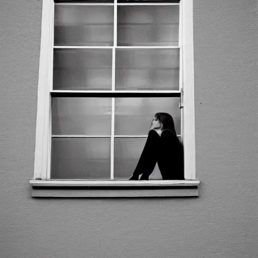 Image similar to a woman sitting on a window sill looking out the window, a photo by robert macbryde, featured on cg society, art photography, windows vista, deviantart, muted