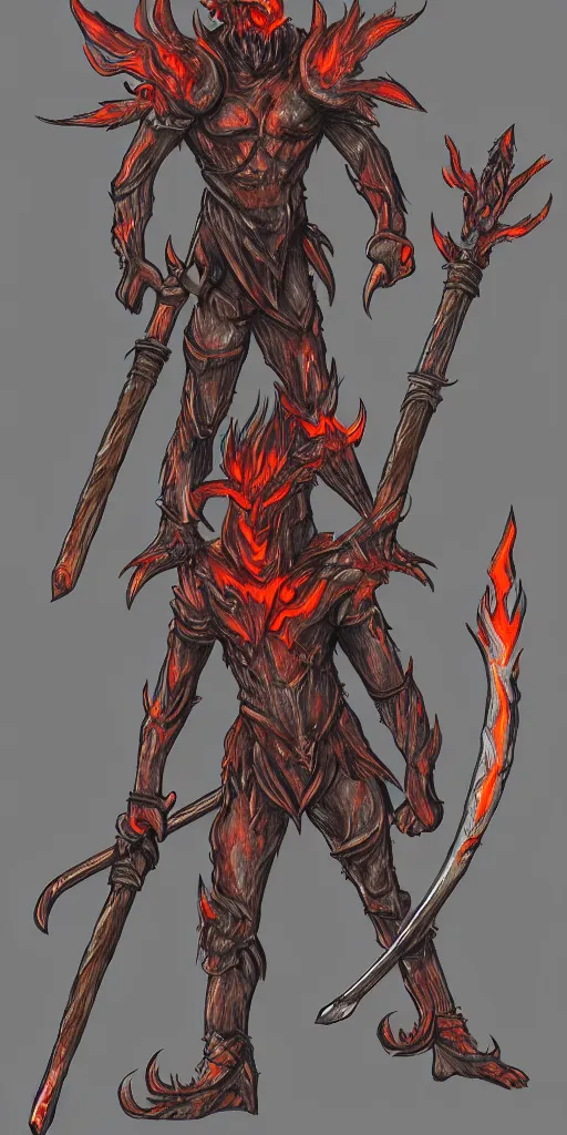 Prompt: Fire demon with a battle ax stands, art, digital art, stylization, detailed