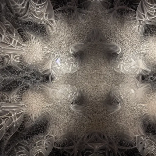 Prompt: a beautiful cgi painting of a massive sprawling fractal cathedral exterior populated by mandelbrot fractals, unreal engine, carved soap, white, volumetric lighting, hyperrealistic, octane render, glowing, carved marble, opalescent, carved stone, depth of field, sacred geometry, religious, angelic, catholicpunk, photorealism, 8 k, ultra detailed