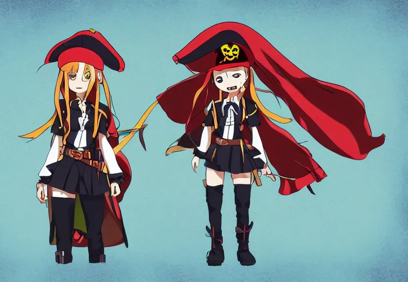 Image similar to wide angle perspective of a female pirate, centered, single subject, a thrifty uniform, somewhat of an anime in pixar style, trending artwork, made with anime painter studio, by pixar and an anime artist, collaboration