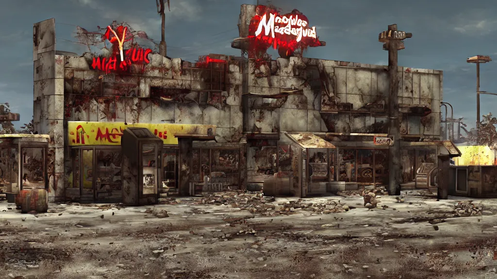 Prompt: post apocalyptic McDonalds, fallout, wasteland, octane render, 8k