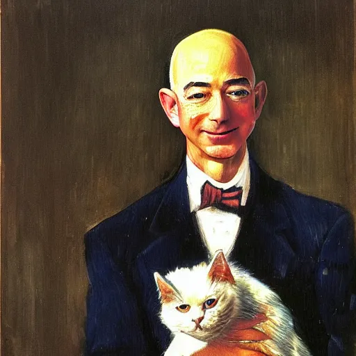 Image similar to a beautiful oil painting of jeff bezos holding a cat, 8k , award winning , made in 1800's , old , painted by vincent van gogh