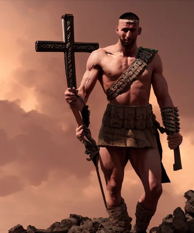 Image similar to muscular roman soldier with a white cross in the chest by simon bisley, dale keown and greg rutkowski, vivid color scheme, unreal engine 5