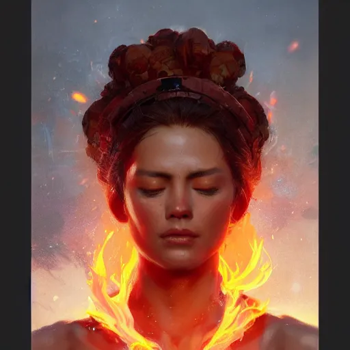 Image similar to a beautiful portrait of a fire goddess with closed eyes by greg rutkowski and raymond swanland, trending on artstation, flaming background, ultra realistic digital art