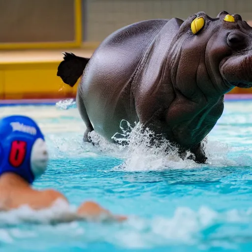 Prompt: a water polo player riding a hippopotamus. photograph.